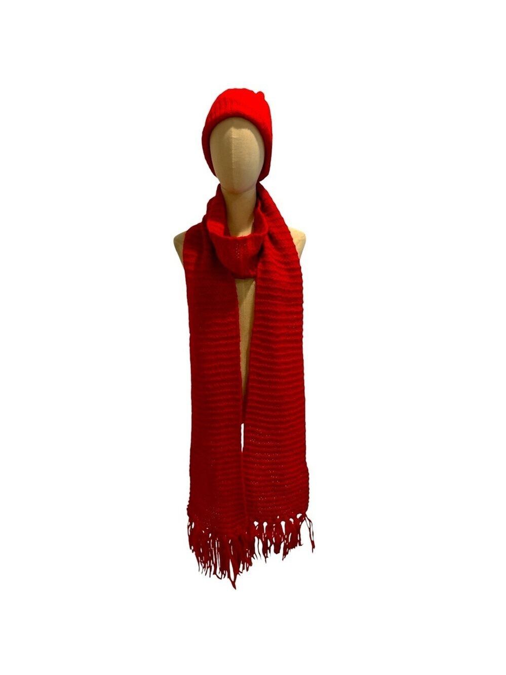 60s 2PC HANDMADE EXTRA LONG RED SCARF W FRINGE EDGE & SUBTLE PATTERN RED HAT